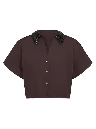 TWP Women's She Comes And Goes Again Embellished Crop Shirt - Chocolate - Size Medium | Thumbnail 1