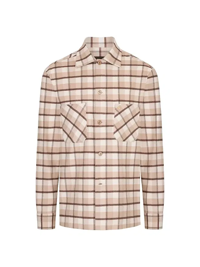 Men's Windowpane Plaid Cotton Shirt - Beige Brown