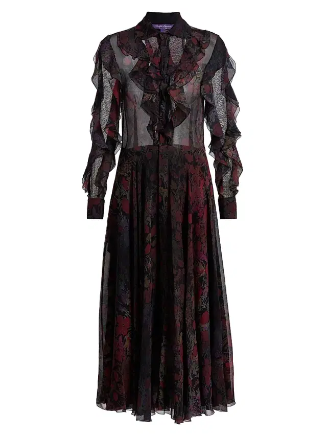 Ralph Lauren Collection Women's Melony Floral Crinkle Chiffon Day Dress - Black Crimson Multi
