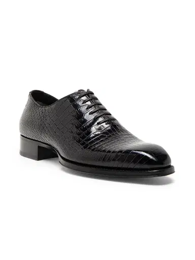 TOM FORD Men's Elkan Shiny Croc Embossed Oxford Shoes - Black | Thumbnail 2 TOM FORD Men's Elkan Shiny Croc Embossed Oxford Shoes - Black | Thumbnail 2
