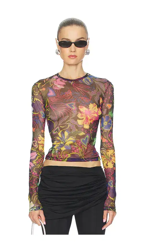 Hotfix Printed Tulle Long Sleeve Top