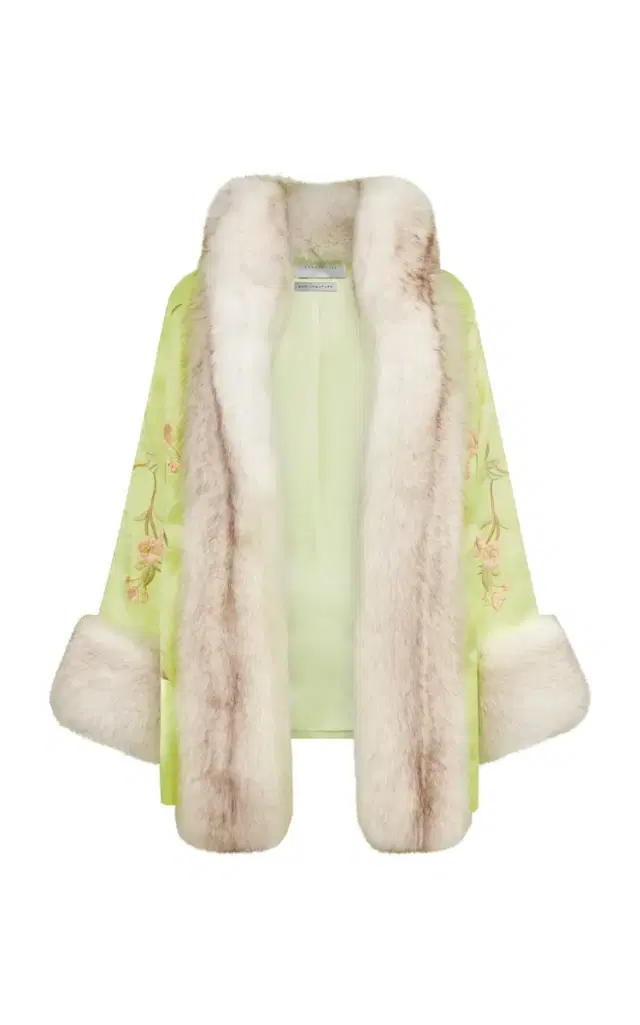 Conner Ives Demi Couture Fur-Trimmed Embroidered Silk-Mikado Robe