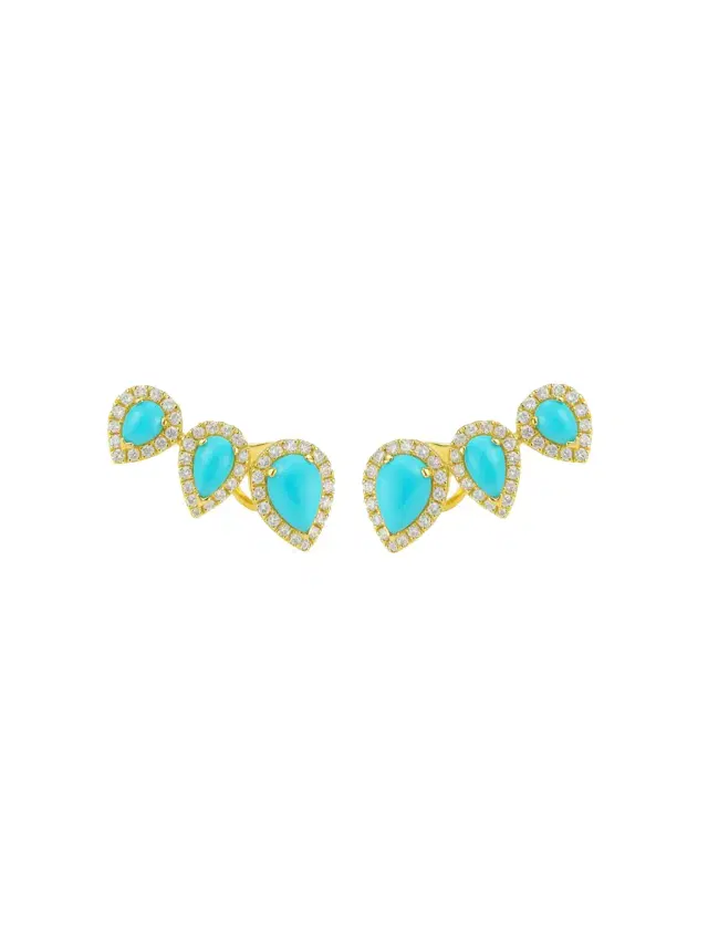 Wish Fine Jewelry 0.44ct Diamond Turquoise 18K Gold Climber Earrings
