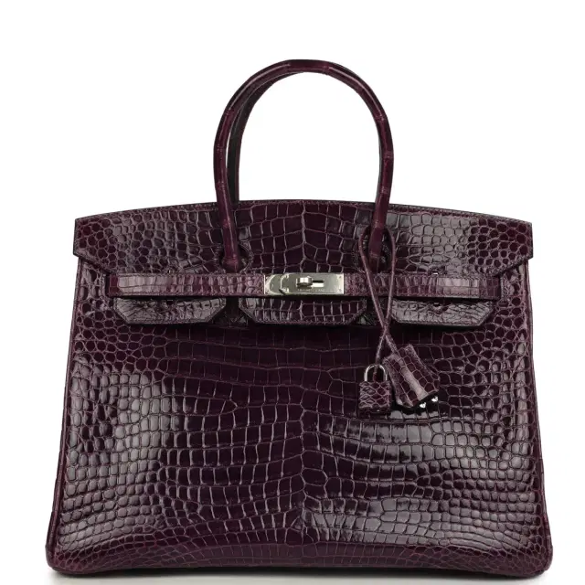 hermes Pre-owned Hermes Birkin 35 Amethyst Shiny Porosus Crocodile Palladium Hardware