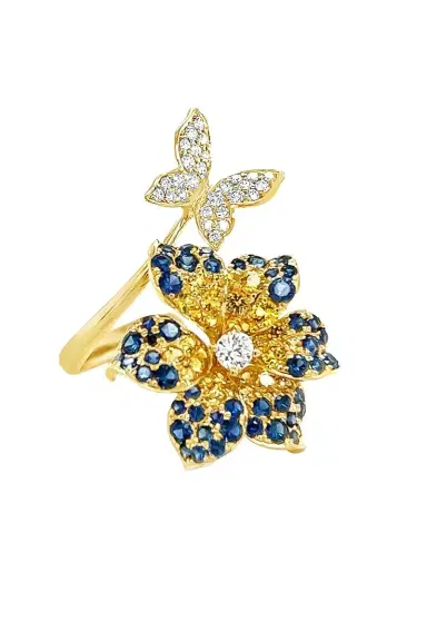 LISA NIK Blue Yellow Sappire Flower Butterfly Ring | Thumbnail 1 LISA NIK Blue Yellow Sappire Flower Butterfly Ring | Thumbnail 1