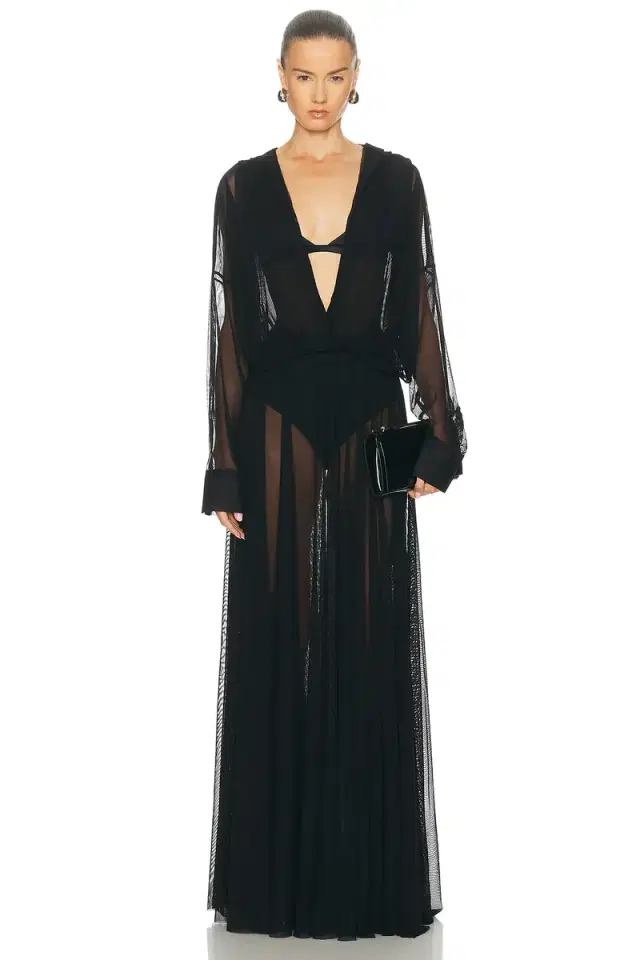 Norma Kamali Hooded Super Oversized Boyfriend Shirt Flared Gown