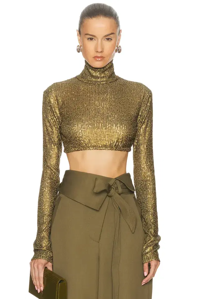 Norma Kamali Long Sleeve Slim Fit Turtleneck Cropped Top