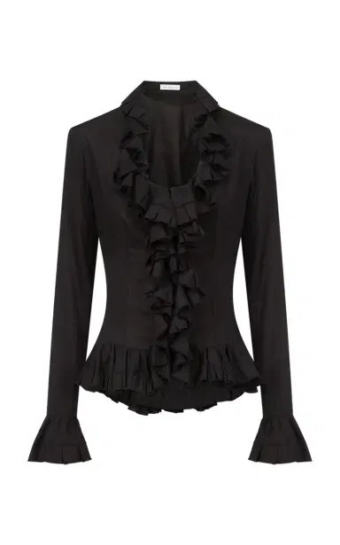 Ludovic de Saint Sernin Ruffle-Trimmed Long Sleeve Linen Top | Thumbnail 1