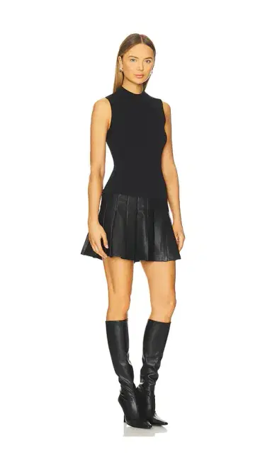 Milly Leather Pleated Skirt Knit Dress | Thumbnail 2