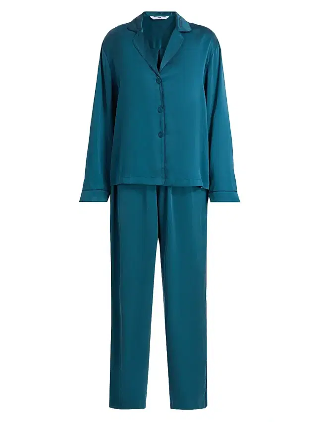 Women's Piped Washable Silk Pajamas - Piquant Teal Lazing Navy