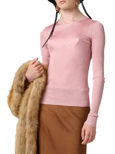 Miu Miu Women's Silk V Neck Sweater - Pink - Size 12 | Thumbnail 2 Miu Miu Women's Silk V Neck Sweater - Pink - Size 12 | Thumbnail 2