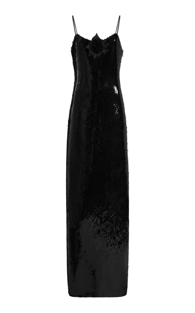 Rosette-Detailed Sequined Slip Gown