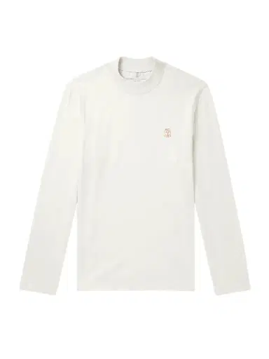 Brunello Cucinelli Logo-Print Cotton-Jersey Mock-Neck T-Shirt - Men | Thumbnail 1 Brunello Cucinelli Logo-Print Cotton-Jersey Mock-Neck T-Shirt - Men | Thumbnail 1