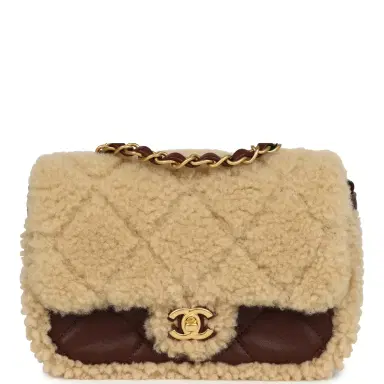 Chanel Chanel Mini Shearling Flap Bag Brown Lambskin Brushed Gold Hardware | Thumbnail 1