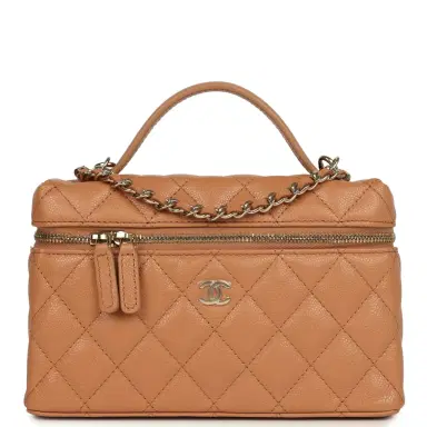 Chanel Chanel Top Handle Long Vanity Case with Chain Dark Beige Shiny Caviar Light Gold Hardware | Thumbnail 1