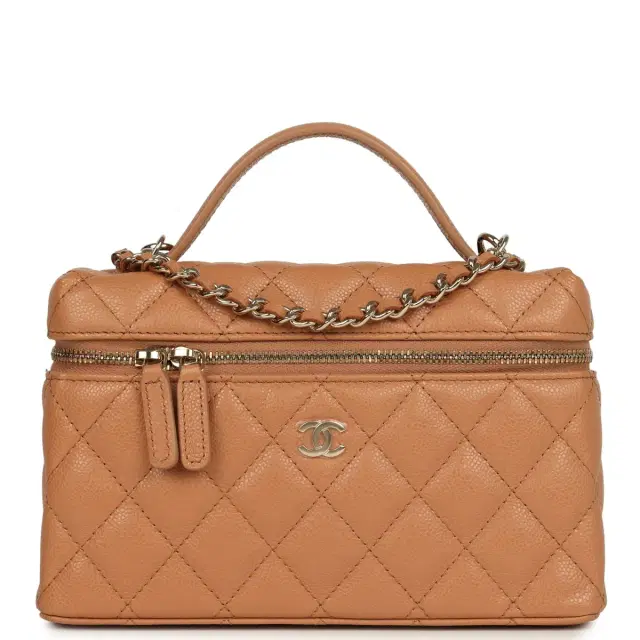 Chanel Chanel Top Handle Long Vanity Case with Chain Dark Beige Shiny Caviar Light Gold Hardware