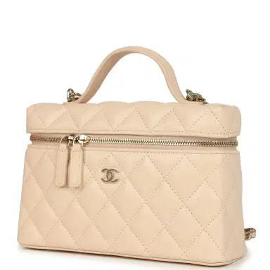 Chanel Chanel Top Handle Long Vanity Case with Chain Light Beige Shiny Caviar Light Gold Hardware | Thumbnail 3