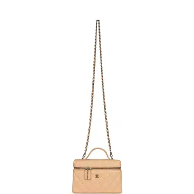 Chanel Chanel Top Handle Long Vanity Case with Chain Light Beige Shiny Caviar Light Gold Hardware | Thumbnail 7