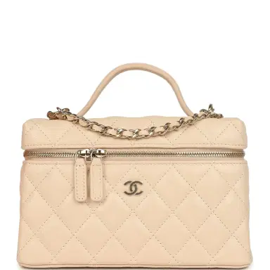 Chanel Chanel Top Handle Long Vanity Case with Chain Light Beige Shiny Caviar Light Gold Hardware | Thumbnail 1