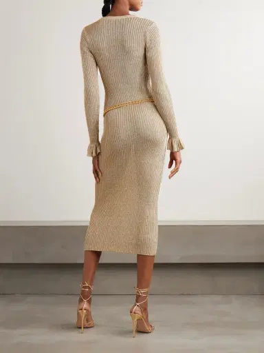 Self-Portrait Belted Ruffled Metallic Ribbed-knit Midi Dress | Thumbnail 3 Self-Portrait Belted Ruffled Metallic Ribbed-knit Midi Dress | Thumbnail 3