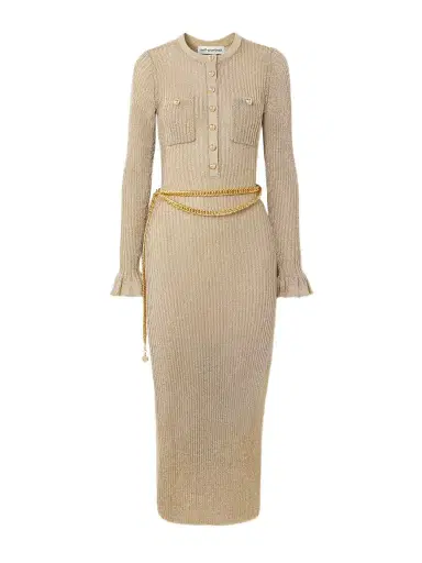 Self-Portrait Belted Ruffled Metallic Ribbed-knit Midi Dress | Thumbnail 1 Self-Portrait Belted Ruffled Metallic Ribbed-knit Midi Dress | Thumbnail 1