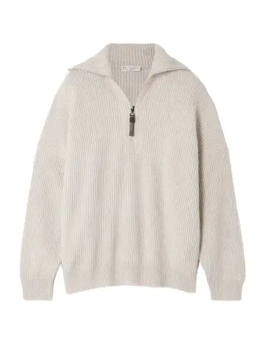 Brunello Cucinelli Bead-embellished Ribbed Cashmere Half-zip Sweater | Thumbnail 1