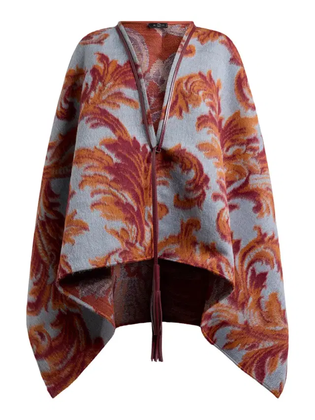Etro Wool-Blend Cape with Leafy Jacquard Motif