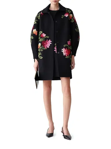 Carolina Herrera Women's Chrysanthemum-Embroidered Wool Cocoon Coat - Black Multi | Thumbnail 2