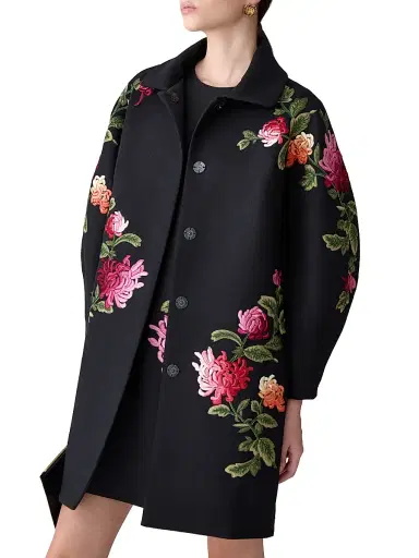 Carolina Herrera Women's Chrysanthemum-Embroidered Wool Cocoon Coat - Black Multi | Thumbnail 3