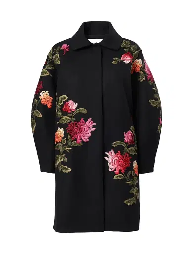 Carolina Herrera Women's Chrysanthemum-Embroidered Wool Cocoon Coat - Black Multi | Thumbnail 1