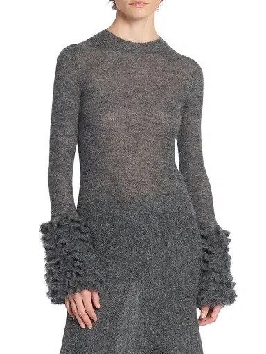 Alaïa Women's Mohair-Blend Ruffled Cuff Sweater - Gris Chine - Size 10 | Thumbnail 3