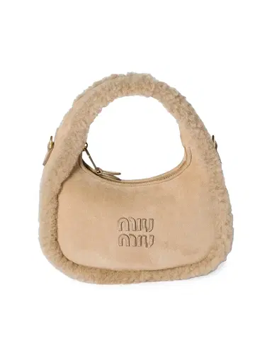 Miu Miu Women's Wander Shearling Top Handle Bag - Beige Khaki | Thumbnail 1 Miu Miu Women's Wander Shearling Top Handle Bag - Beige Khaki | Thumbnail 1