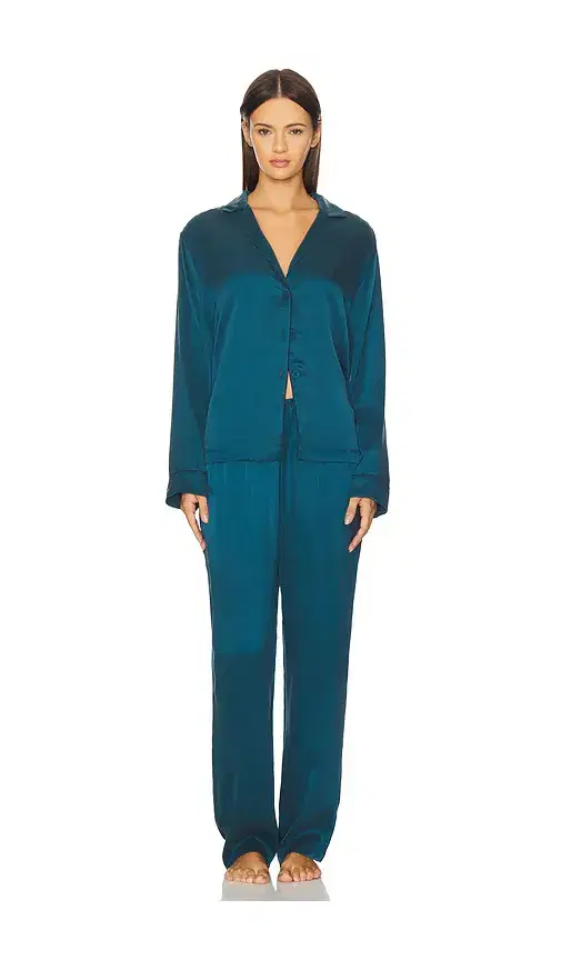 Washable Silk Piped Long Sleeve Pant Set