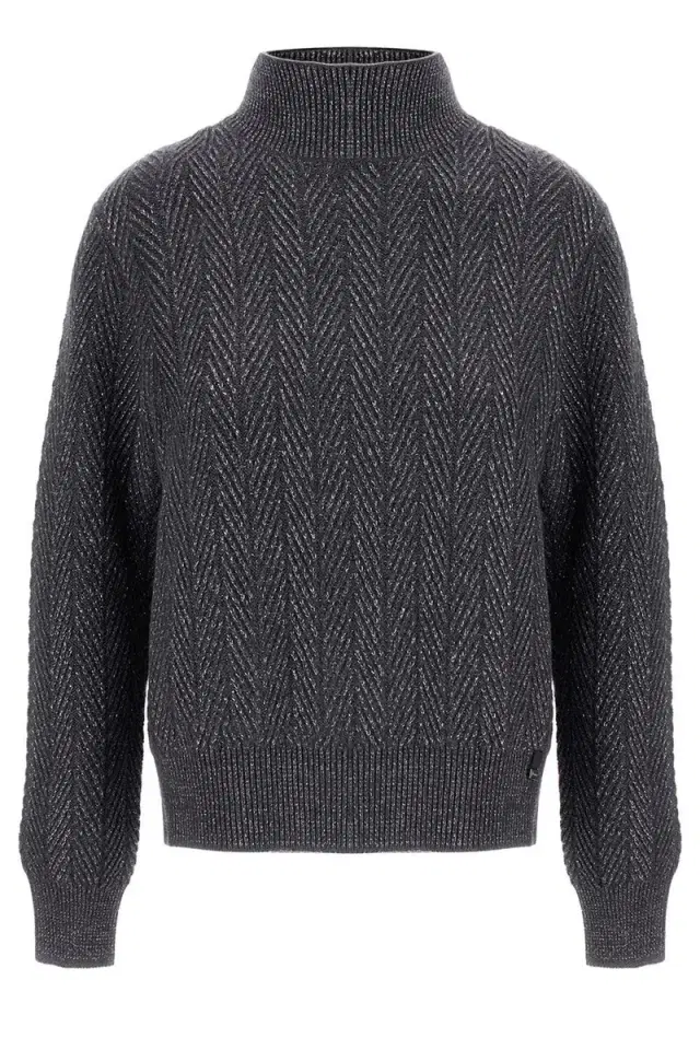 Wool Shiny Herringbone Turtleneck Sweater