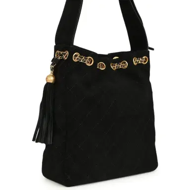 Chanel Chanel Large Drawstring Bucket Bag Black Suede Gold Hardware | Thumbnail 2