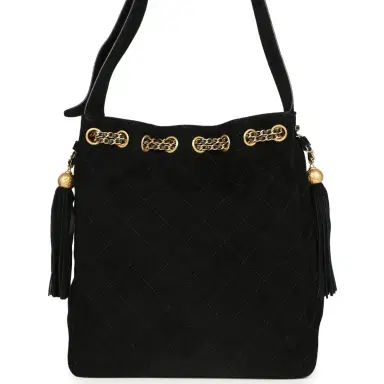 Chanel Chanel Large Drawstring Bucket Bag Black Suede Gold Hardware | Thumbnail 4