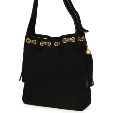 Chanel Chanel Large Drawstring Bucket Bag Black Suede Gold Hardware | Thumbnail 5