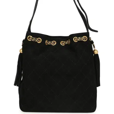 Chanel Chanel Large Drawstring Bucket Bag Black Suede Gold Hardware | Thumbnail 1