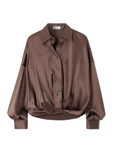 Brunello Cucinelli Gathered Silk-blend Satin Shirt | Thumbnail 1 Brunello Cucinelli Gathered Silk-blend Satin Shirt | Thumbnail 1