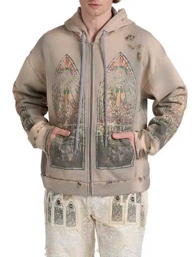 Who Decides War Men's Faded Zip-Front Hoodie - Vintage Grey | Thumbnail 3