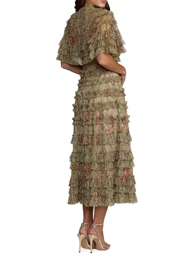 Mac Duggal Women's Floral Ruffled Mesh Cape Midi-Dress - Olive - Size 18 | Thumbnail 2