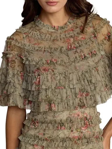 Mac Duggal Women's Floral Ruffled Mesh Cape Midi-Dress - Olive - Size 18 | Thumbnail 3