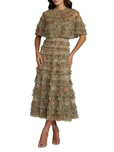 Mac Duggal Women's Floral Ruffled Mesh Cape Midi-Dress - Olive - Size 18 | Thumbnail 1