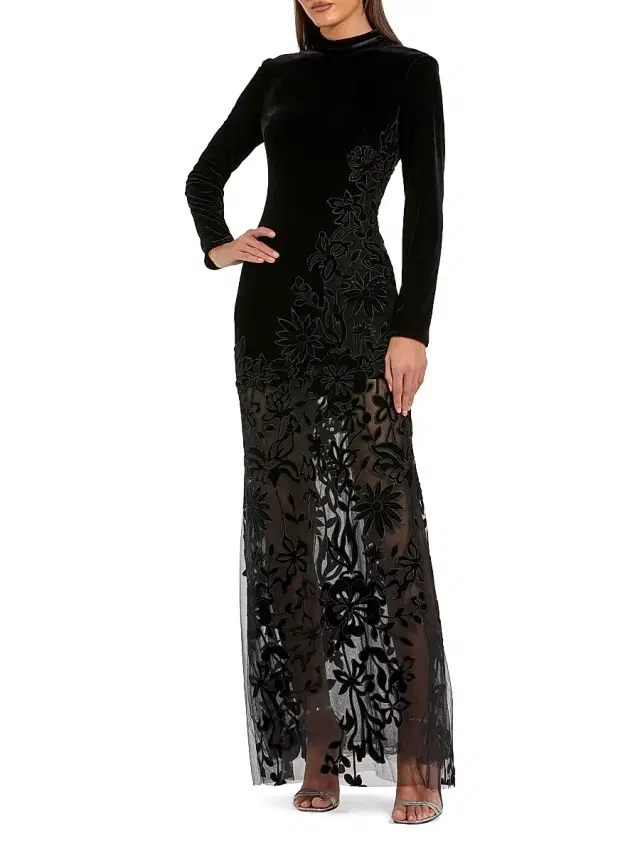Women's Floral Mixed-Media Long-Sleeve Gown - Black