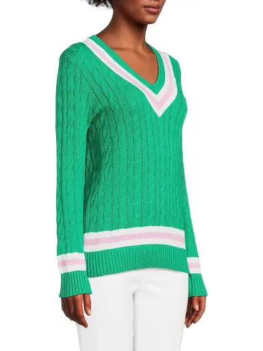 Lilly Pulitzer Women's Brockton Striped Cotton Cable-Knit Sweater - Kitts Green Pink Bliss - Size Large | Thumbnail 4 Lilly Pulitzer Women's Brockton Striped Cotton Cable-Knit Sweater - Kitts Green Pink Bliss - Size Large | Thumbnail 4
