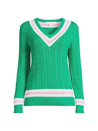 Lilly Pulitzer Women's Brockton Striped Cotton Cable-Knit Sweater - Kitts Green Pink Bliss - Size Large | Thumbnail 1 Lilly Pulitzer Women's Brockton Striped Cotton Cable-Knit Sweater - Kitts Green Pink Bliss - Size Large | Thumbnail 1