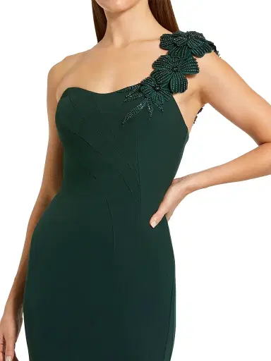 Mac Duggal Women's Beaded Crepe One-Shoulder Mermaid Gown - Deep Green - Size 14 | Thumbnail 3