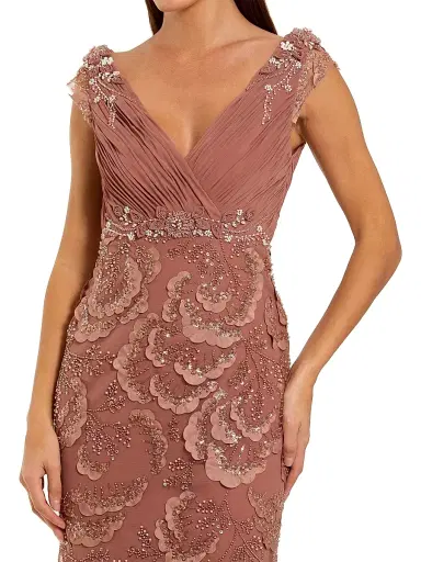 Mac Duggal Women's Floral-Beaded Chiffon V-Neck Gown - Rose - Size 16 | Thumbnail 3