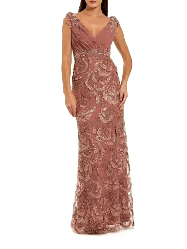Mac Duggal Women's Floral-Beaded Chiffon V-Neck Gown - Rose - Size 16 | Thumbnail 1