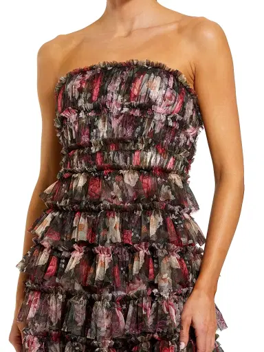 Mac Duggal Women's Tiered Ruffled Floral Strapless A-Line Midi-Dress - Black Multi - Size 14 | Thumbnail 3 Mac Duggal Women's Tiered Ruffled Floral Strapless A-Line Midi-Dress - Black Multi - Size 14 | Thumbnail 3
